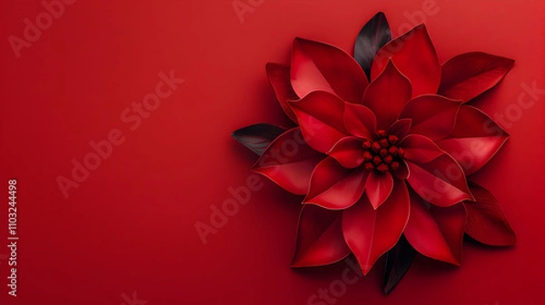Fototapeta Red Christmas flower top view on red background. New year and christmas concept. Copy space.