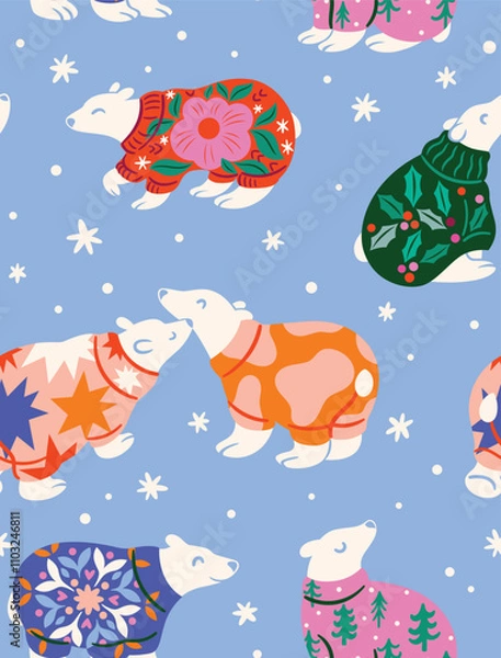 Fototapeta Pattern design. White polar bears in festive sweaters