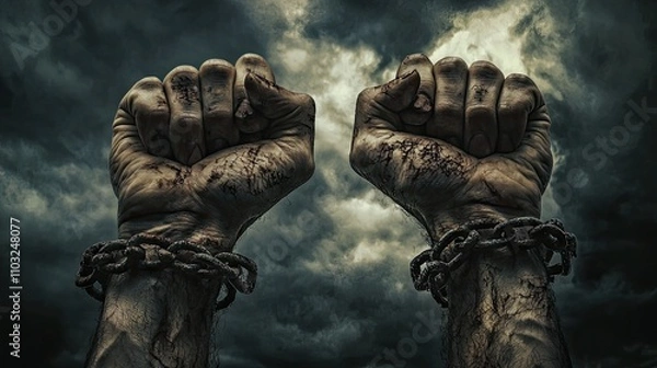 Obraz Two hands with broken chains on their wrists, showing that the chains were once connected but are now shattered. In the background, 