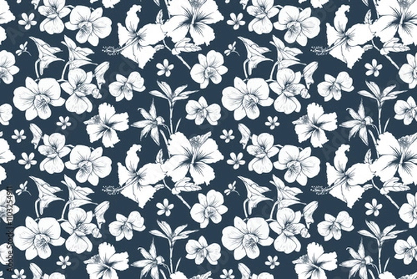 Fototapeta Hibiscus flower tropical seamless pattern. With orchid and lily floral abstract background. Vector illustration hand drawing. For Fabric, textiles, clothing, wallpaper, pattern print design.