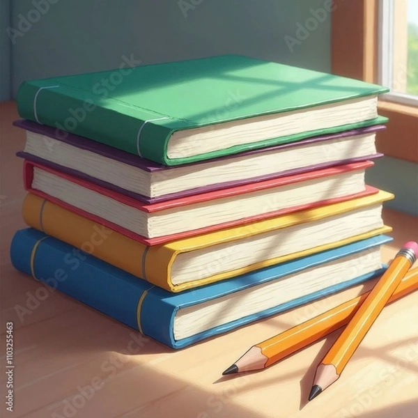Fototapeta Stack of Colorful Books and Pencils