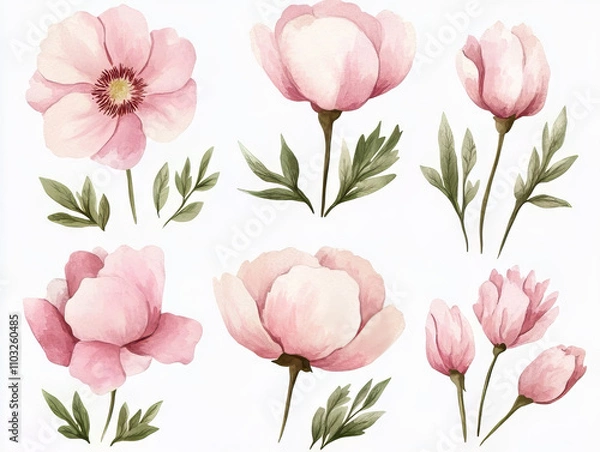 Obraz watercolour light pink flower with tufted petals collection on white background 