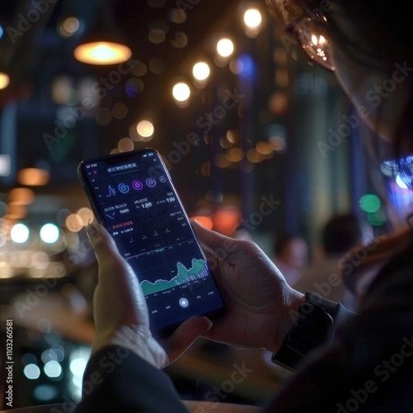 Fototapeta Investors checking infographic about cryptocurrency performance with detailed bar charts. Smartphone display with data visualization and icons. Stylish coffee shop atmosphere.