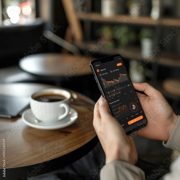 Fototapeta Investors checking infographic about cryptocurrency performance with detailed bar charts. Smartphone display with data visualization and icons. Stylish coffee shop atmosphere.