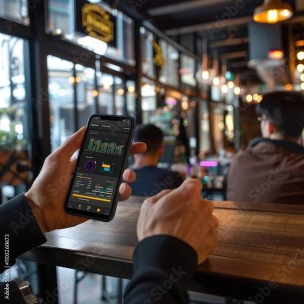 Fototapeta Investors checking infographic about cryptocurrency performance with detailed bar charts. Smartphone display with data visualization and icons. Stylish coffee shop atmosphere.