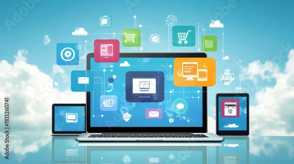 Fototapeta Web development, coding and programming responsive layout internet site or app of devices. Creation digital Software mobile, desktop platforms. Computer code on laptop, tablet, phone. Concept banner.