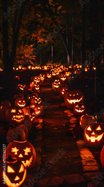 Fototapeta A pathway illuminated by numerous carved pumpkins, creating a festive Halloween atmosphere.
