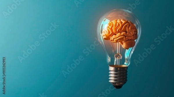 Fototapeta Incandescent lamp with a glowing brain inside on blue background. Creative minimalistic layout for idea development. Business, creativity, brainstorming. Place for text
