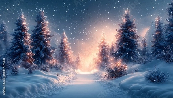 Fototapeta Snowy Path with Trees and a Bright Light