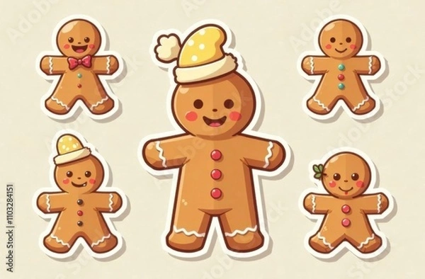 Fototapeta Three cheerful gingerbread cookies show off colorful decorations, capturing the festive spirit in a cozy winter atmosphere. Generative AI