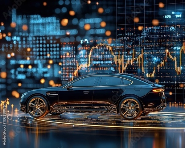 Fototapeta Modern Car Design with Digital Background and Data Visuals