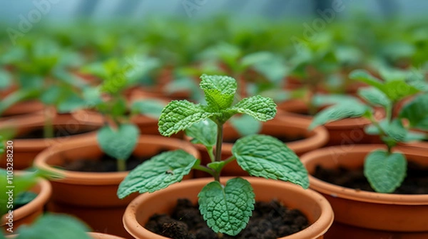 Fototapeta Rows of pots mint growing in greenhouse