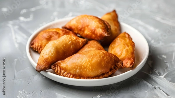Fototapeta Fried pies on a white plate on gray background. Russian tea time. Front view.