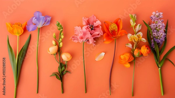 Fototapeta Flowers row on orange background, copy space. Flat lay, top view.