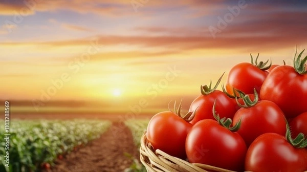 Fototapeta Basket of freshly picked red tomatoes in a field, summer harvest. 