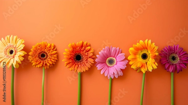 Fototapeta Flowers row on orange background, copy space. Flat lay, top view.