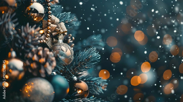 Fototapeta Decorated Christmas tree with balls, beads and baubles. Close-up.
