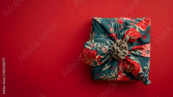 Fototapeta Furoshiki gift, Zero waste Christmas, flat lay on red green background. Web banner with copy space.