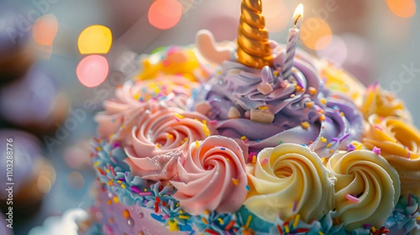 Fototapeta Unicorn birthday cake close up on light.