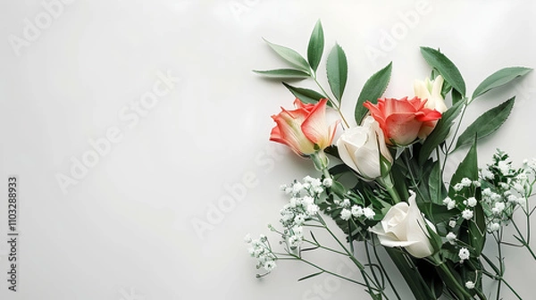 Fototapeta Flowers composition on white background with copy space. Flat lay, top view. Web banner.
