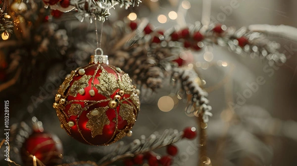 Fototapeta Red golden christmas ball hanging on a branch. Decorations on the christmas tree. Christmas and new year concept. Web banner.