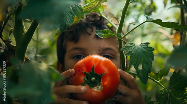 Fototapeta Boy with big red tomato before face. Harvest in garden.