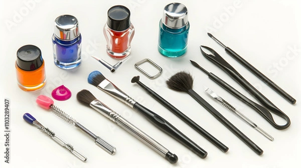Fototapeta Tools of a manicure set on a white background. Different bottles of nail polish and tools around.