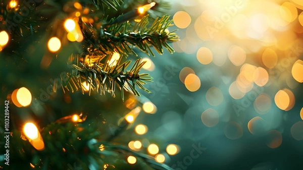 Fototapeta Abstract christmas green background with lights, defocused. Copy space.