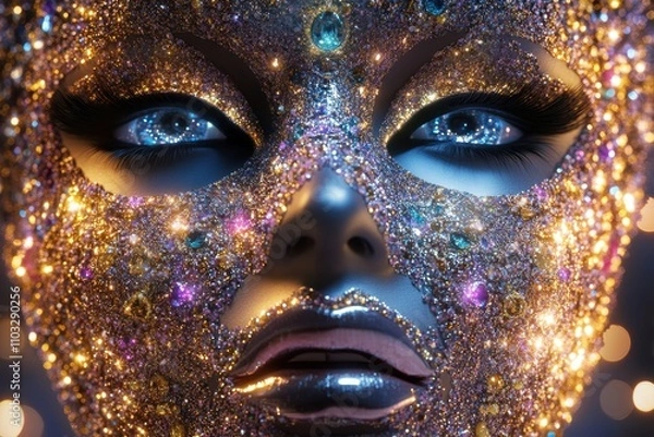 Obraz A woman's face is covered in glitter and has a metallic mask on