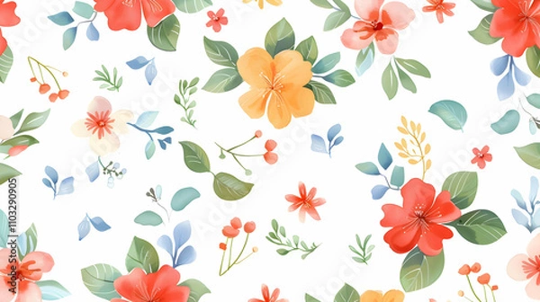 Fototapeta Floral pattern on white background, web banner. Flat lay, top view. Pattern from different flowers.