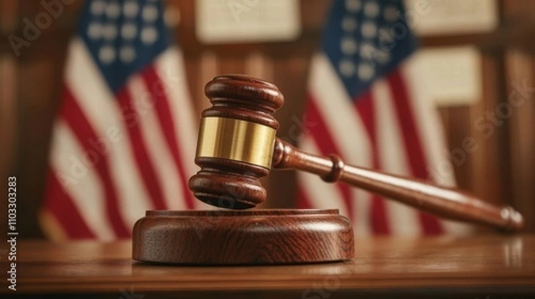 Obraz A wooden gavel rests on a sound block, with American flags displayed in the background, symbolizing justice and the legal system.