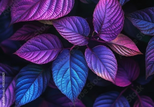 Fototapeta Vibrant Close-Up of Colorful Leaves Displaying Shades of Purple and Blue with Intricate Veins and Textures, Perfect for Nature and Abstract Themes