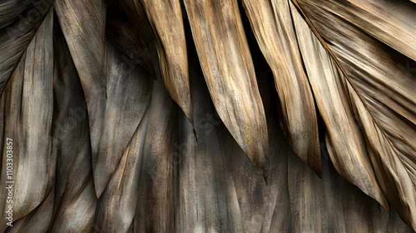 Obraz Close-up of dried palm leaves, showcasing their intricate texture and warm, earthy tones. The image offers a rich, natural backdrop ideal for design projects.