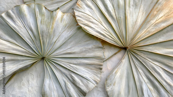 Fototapeta Close-up of dried palm leaves arranged on a textured surface.  The neutral tones and intricate leaf patterns create a calming, natural aesthetic.