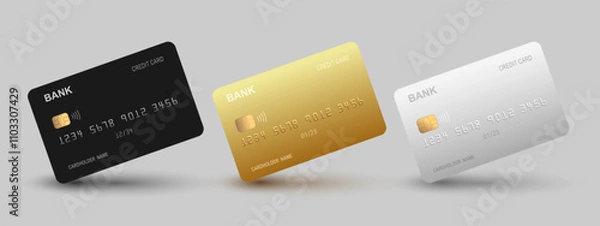 Fototapeta Realistic VIP detailed 3d style different credit debit cards mockups
