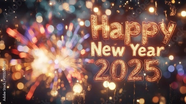 Fototapeta Reveling in New Year 2025 written on a sparkling golden background with fireworks bursting in vibrant colors, offering a festive and celebratory scene.