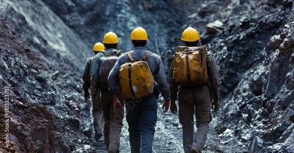 Fototapeta Workers wearing yellow hard hats and working, walking through the mine with backpacks on their backs, rear view