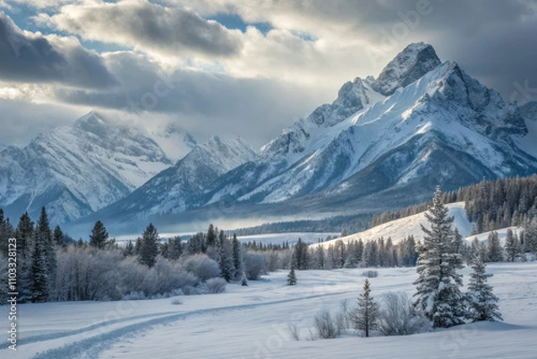 Fototapeta Majestic snow covered mountains under dramatic sky create serene winter landscape, with evergreen trees dotting pristine white terrain