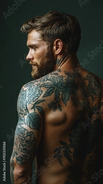 Obraz Muscular Bearded Man with Tattoos in High-Res Fitness Portrait