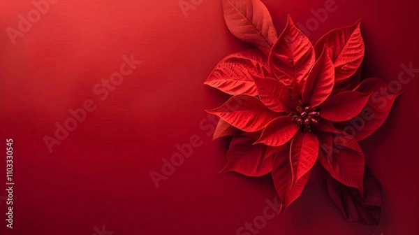 Fototapeta Red Christmas flower top view on red background. New year and christmas concept. Copy space.