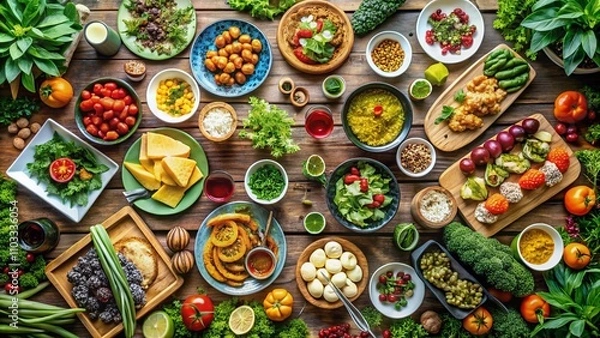 Fototapeta Aerial View of a Table Laid Out with Delicious Dishes, Colorful Snacks, and Fresh Greens, Perfect for a Gathering or Celebration with Friends and Family