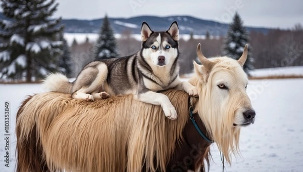 Fototapeta Husky Relaxing Majestically on Yak in Scenic Snow Covered Landscape