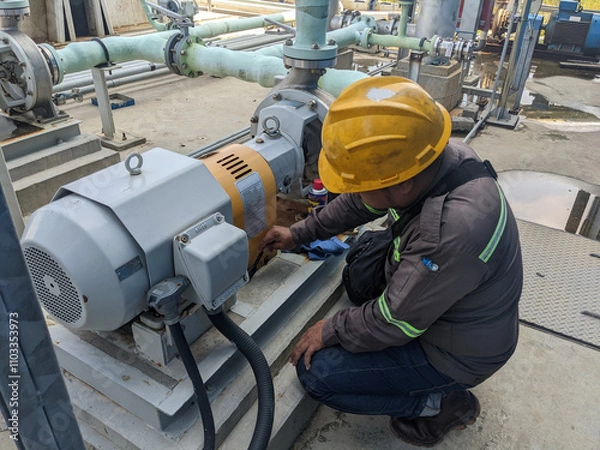 Obraz A technician is inspecting an industrial pump, wearing safety gear and checking the equipment.

