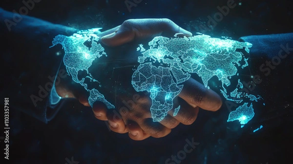 Obraz Two hands are reaching out for a digital handshake, set against a luminous world map, representing international cooperation and mutual agreement