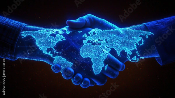 Obraz Hands engage in a handshake illuminated by a vibrant digital display of a world map, representing unity and cooperation in an interconnected era