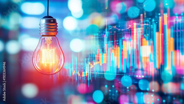 Fototapeta glowing light bulb illuminates vibrant upward trending graph, symbolizing innovation and growth in data analysis. colorful background enhances dynamic feel of progress