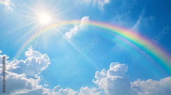 Fototapeta Beautiful vibrant double rainbow stretching across clear blue sky with bright sunlight and fluffy white clouds, stunning cloudscape background featuring large double rainbow arcing in right corner.