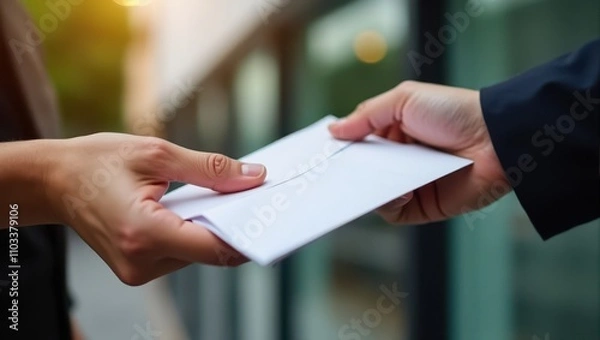 Fototapeta A close-up of two hands exchanging a white envelope outdoors, symbolizing an important transaction or communication