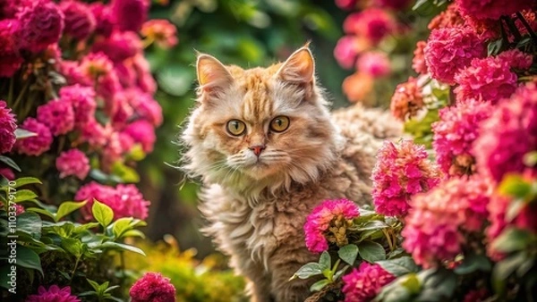 Fototapeta A Stunning Selkirk Rex Cat Surrounded by a Colorful Garden, Captured from Above with Drone Photography Showcasing Its Playful Exploration in a Vibrant Pink Floral Landscape