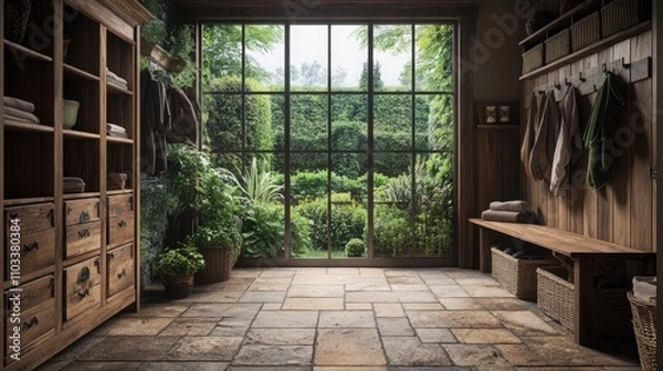 Obraz A chic rustic mudroom with custom wooden cubbies